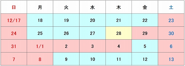 2023年12月29日（金）　～　2024年1月4日（木）